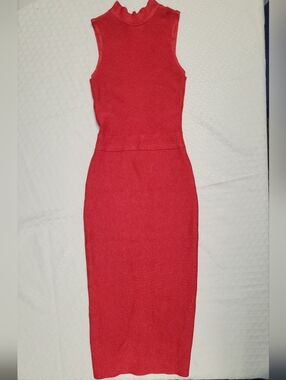 Herve Leger Red Sleeveless Midi Mock Neck Bodycon Dress